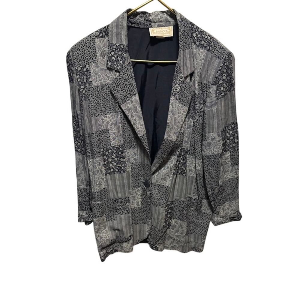 Vintage Bonjour Patchwork Blazer Women’s Medium Floral Geometric Jacket 80s 90s